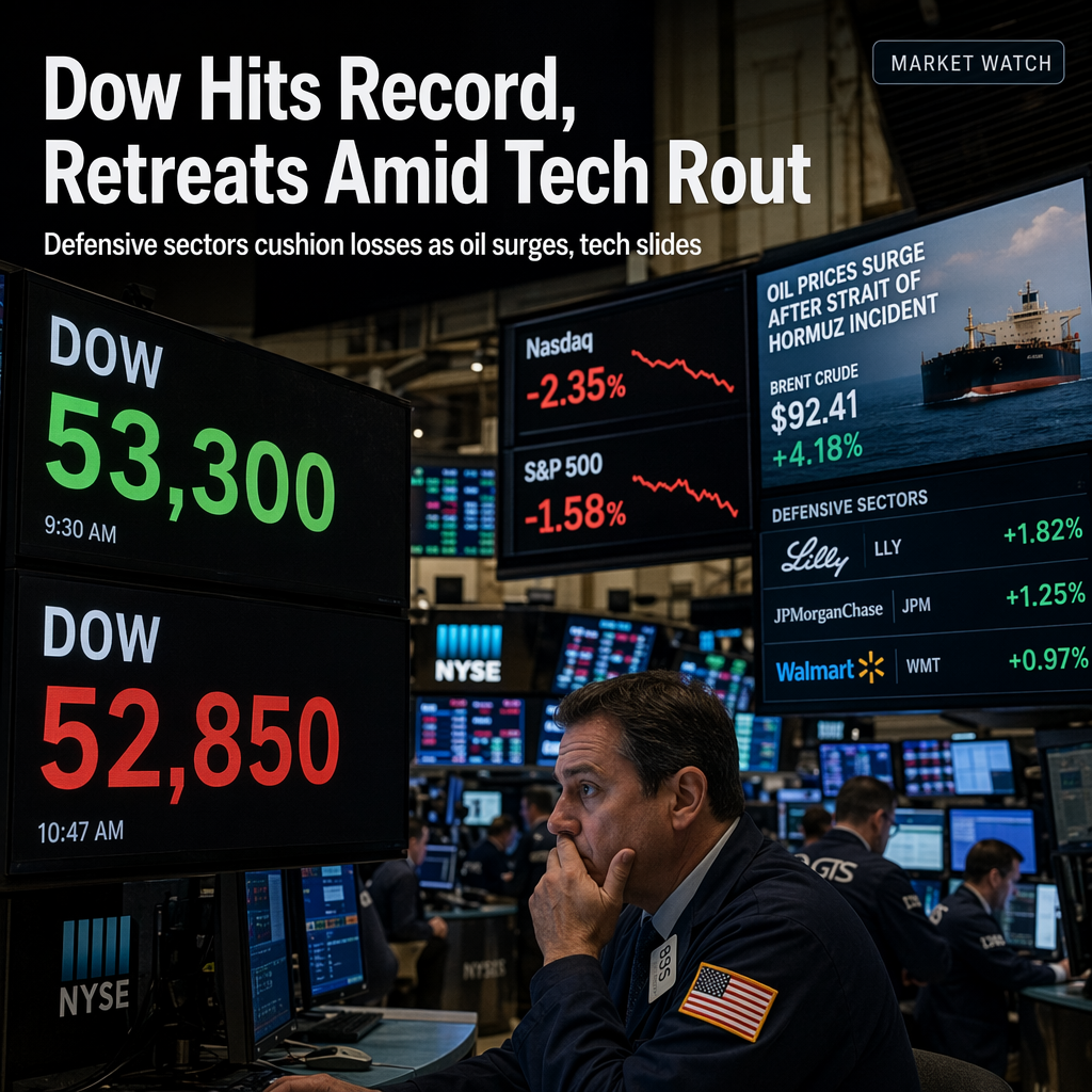 Dow Jones Hits Record High Before Retreating Amid Tech Selloff and Oil Price Surge