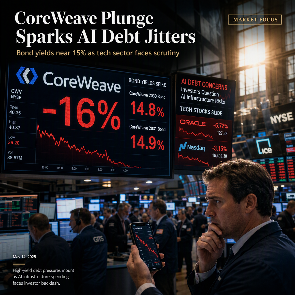 CoreWeave Shares Plunge 16% as Bond Yields Near 15% Amid AI Debt Concerns