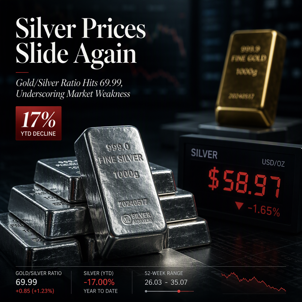 Silver Prices Drop 1.65% to $58.97, Marking 17% Year-to-Date Decline