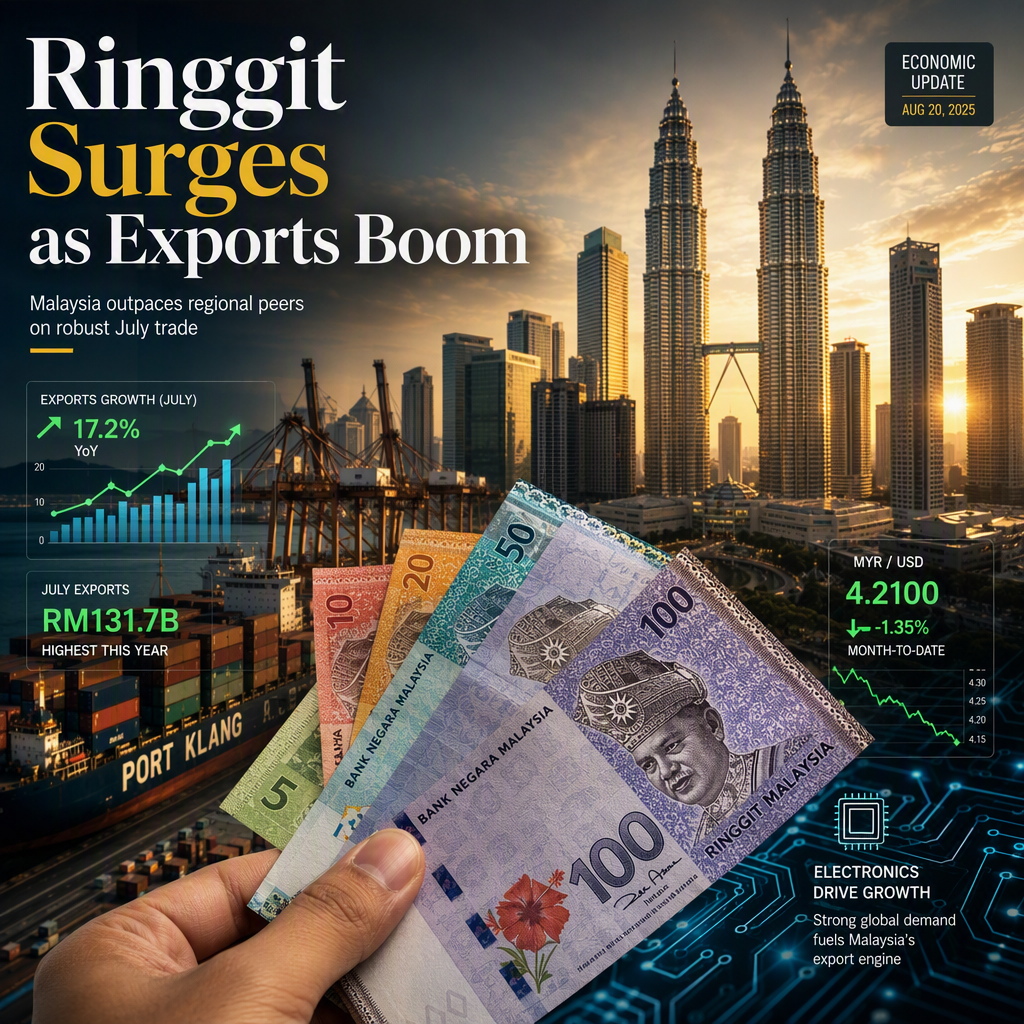 Malaysian Ringgit Strengthens as July Exports Surge 38%, Outperforming Regional Peers
