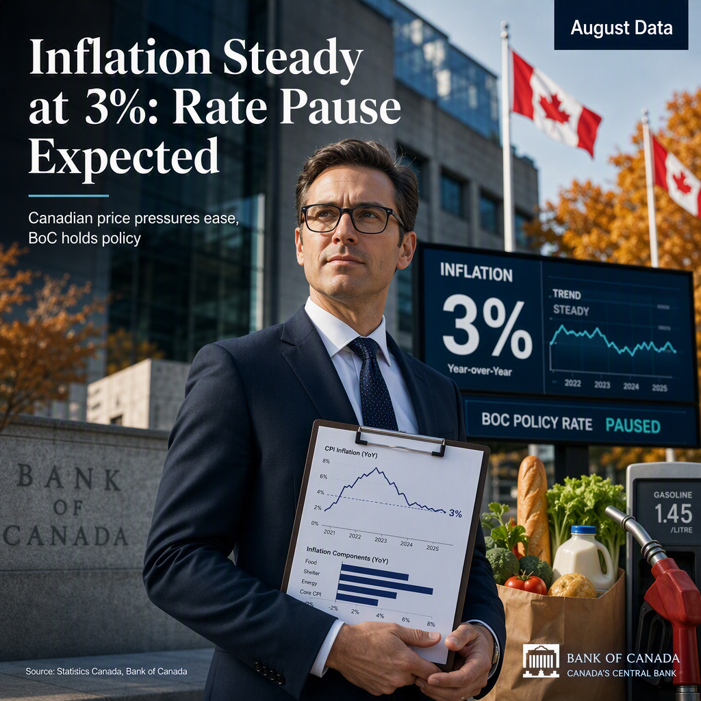 Canadian Inflation Holds Steady at 3% in August, Supporting BoC Rate Pause