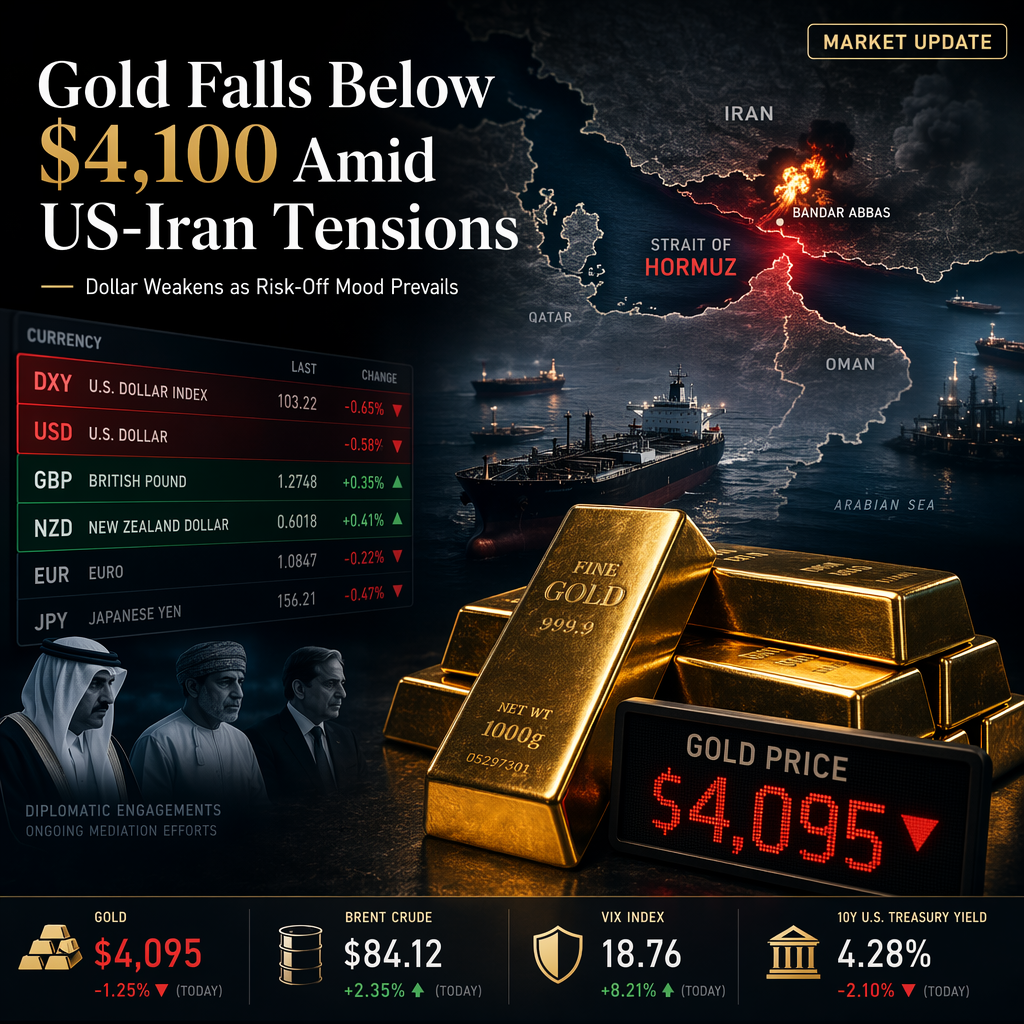 Gold Slips Below $4,100 as US-Iran Tensions Escalate; US Dollar Weakens Despite Risk-Off Mood