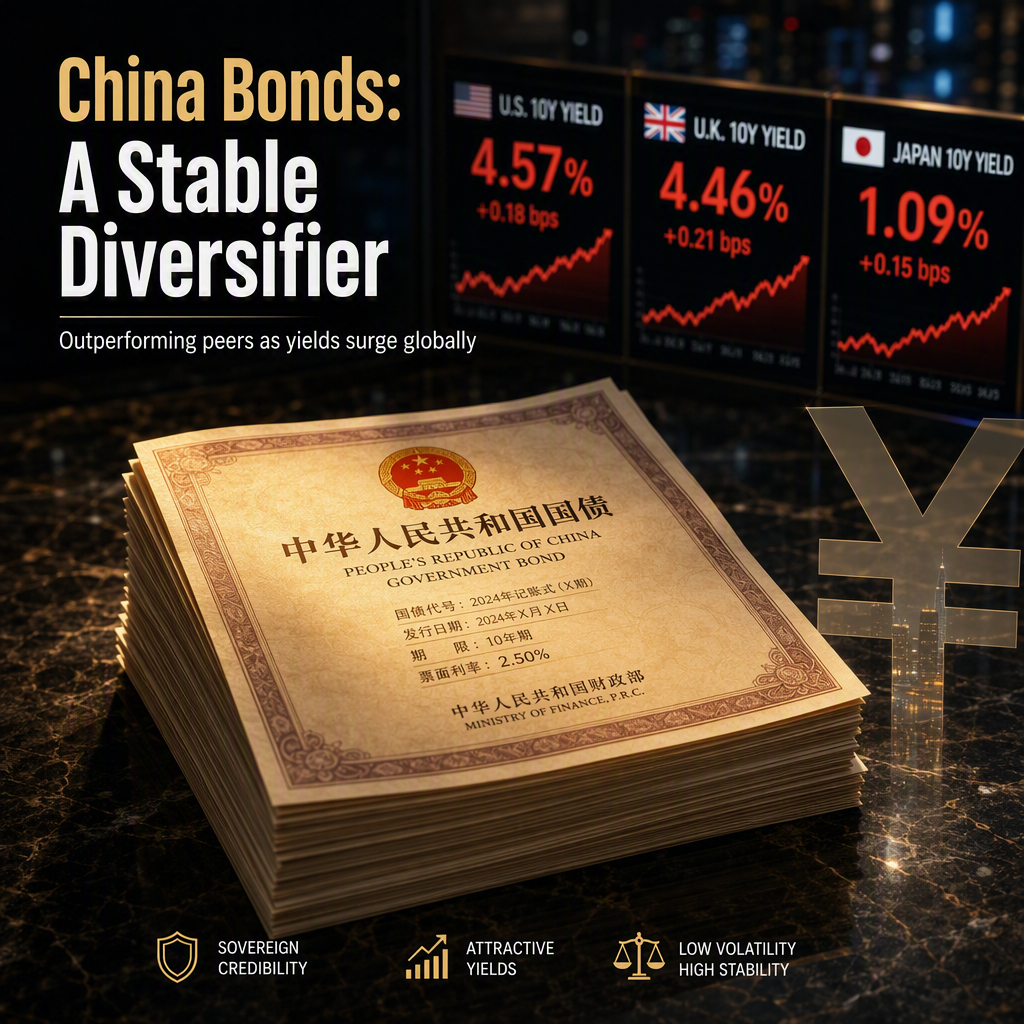 China's Government Bonds Stand Out as Global Yields Surge, Offering Diversification Benefits