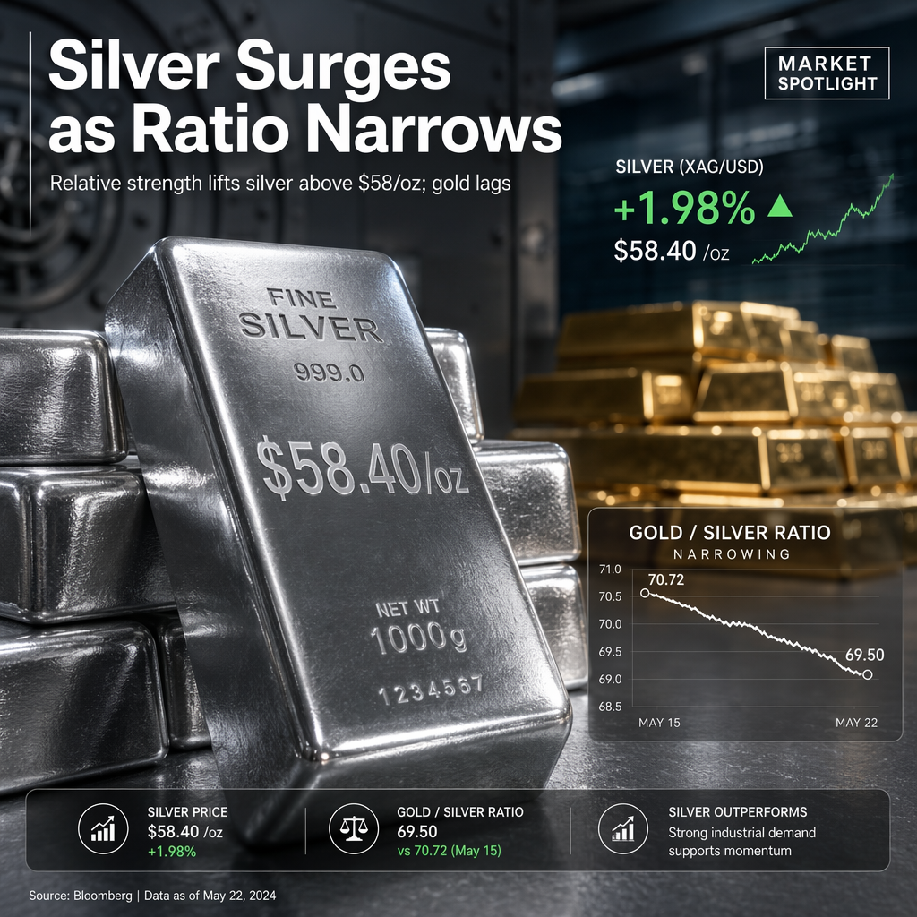 Silver Prices Climb Nearly 2% to $58.40, Gold/Silver Ratio Narrows