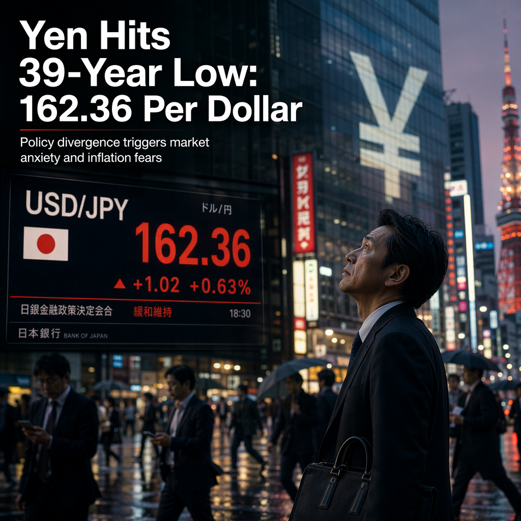 Japanese Yen Plunges to 39-Year Low of 162.36 Per Dollar Amid Policy Divergence