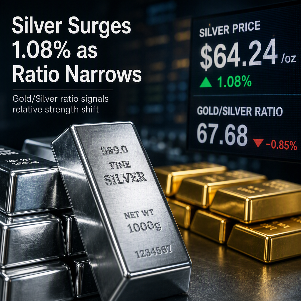 Silver Prices Climb 1.08% to $64.24 per Ounce, Gold/Silver Ratio Narrows