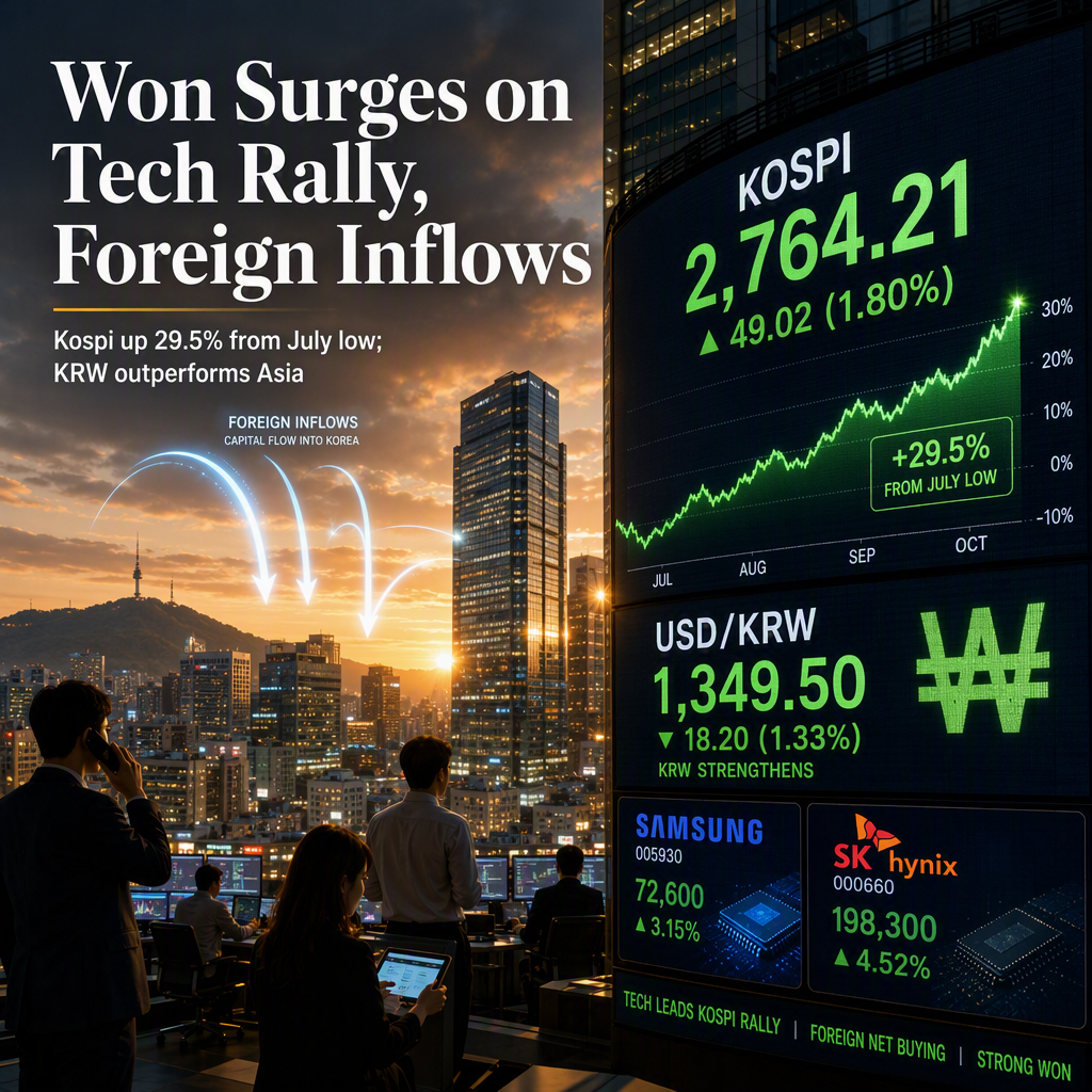 South Korean Won Strengthens on Foreign Inflows and Tech-Led Kospi Rally