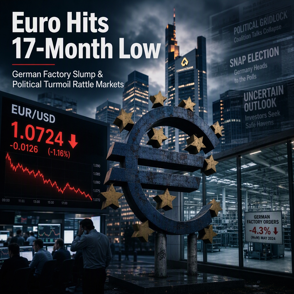 Euro Slides to 17-Month Low Amid Grim German Factory Data and Political Uncertainty