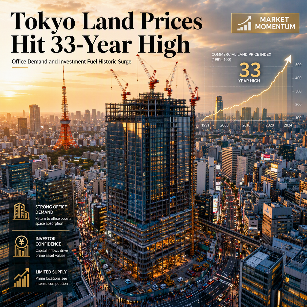 Tokyo Commercial Land Prices Surge to 33-Year High Amid Office Demand Revival