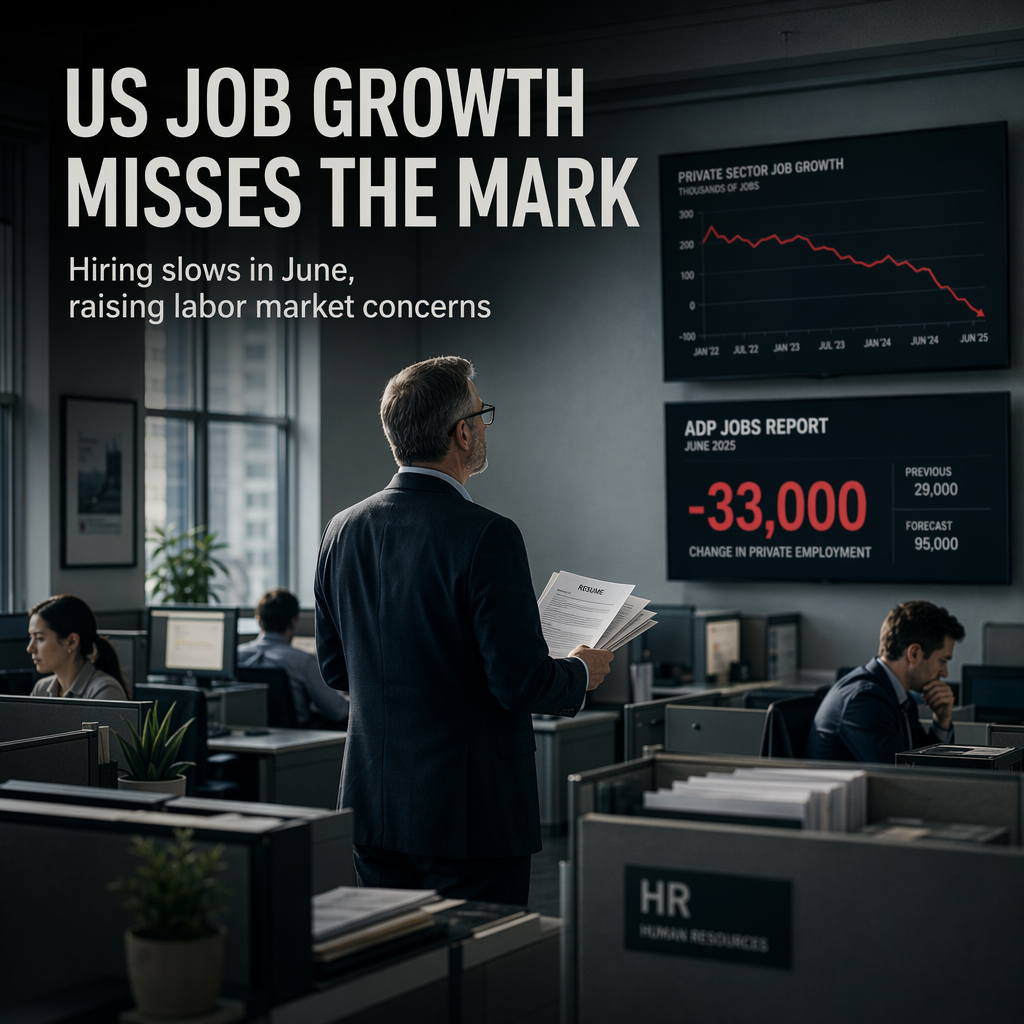 US Private Sector Job Growth Slows Sharply in June, Missing Expectations