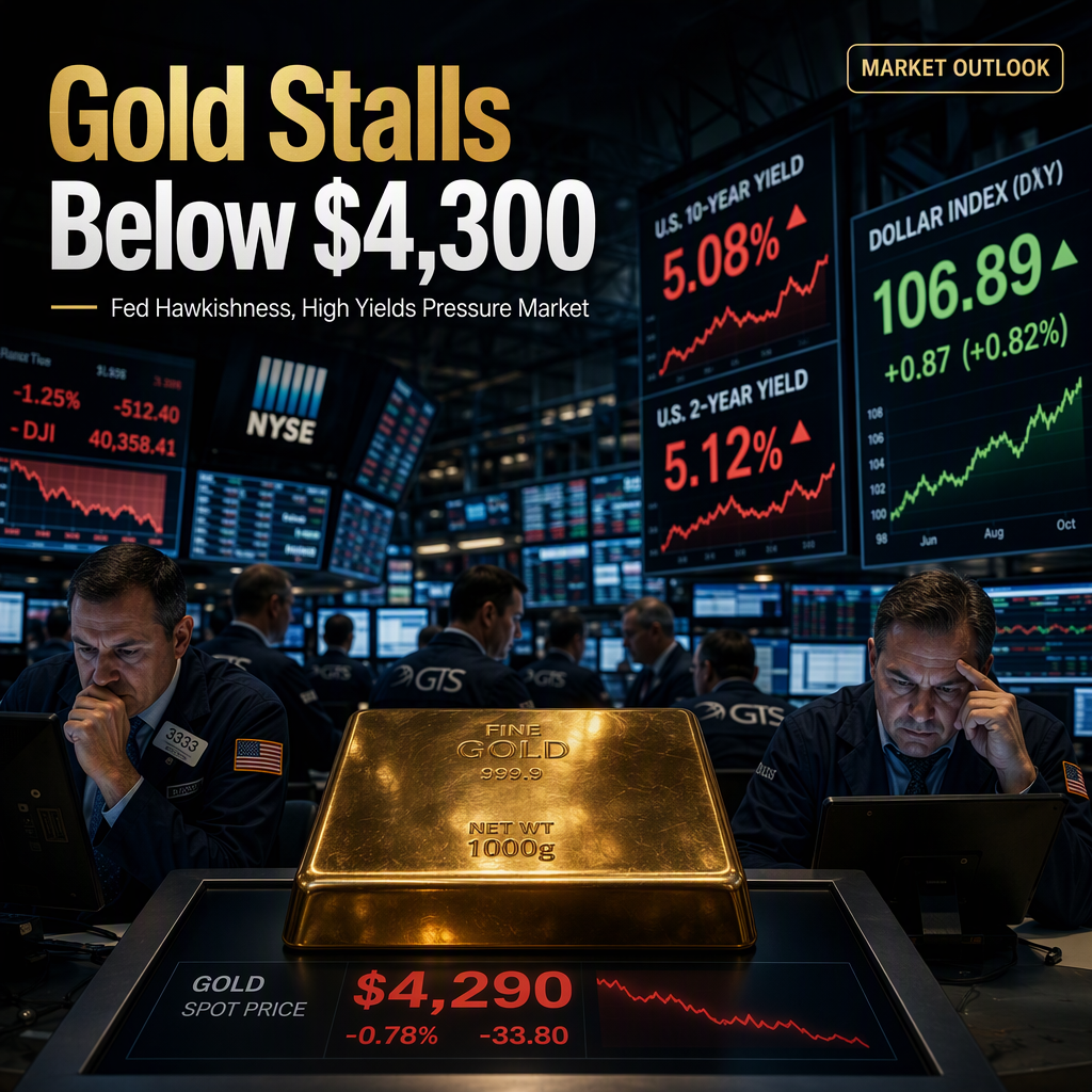 Gold Struggles Below $4,300 as Fed Hawkishness and High Yields Weigh on Prices