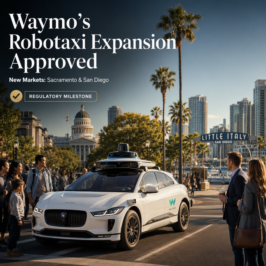 Waymo Secures Regulatory Approval to Expand Robotaxi Service Across California, Entering Sacramento and San Diego