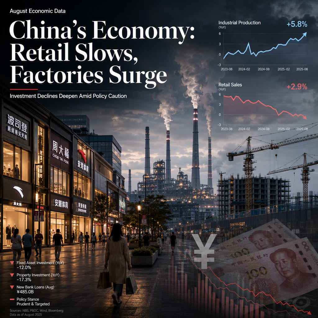China's August Retail Sales Disappoint as Investment Declines Deepen, Industrial Output Surges