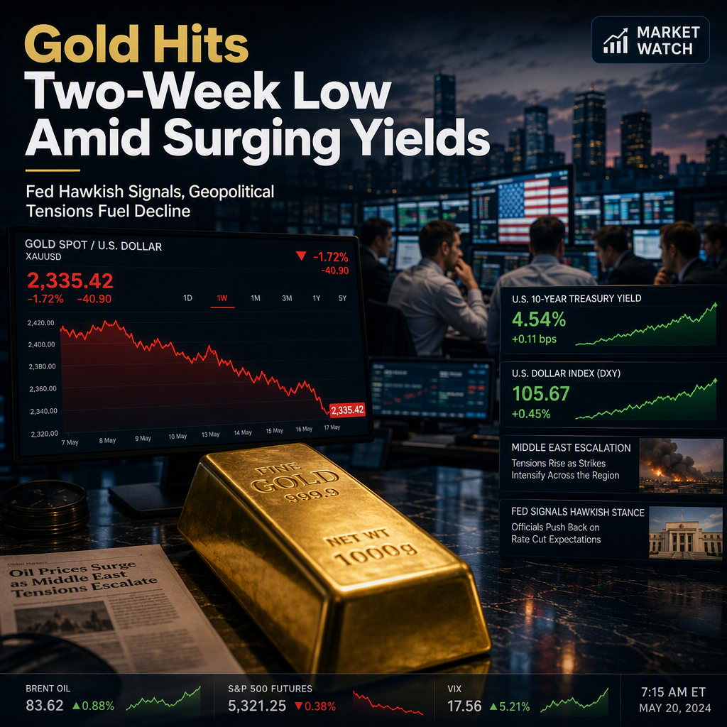 Gold Drops to Two-Week Low as US Yields Surge and Fed Signals Hawkish Stance