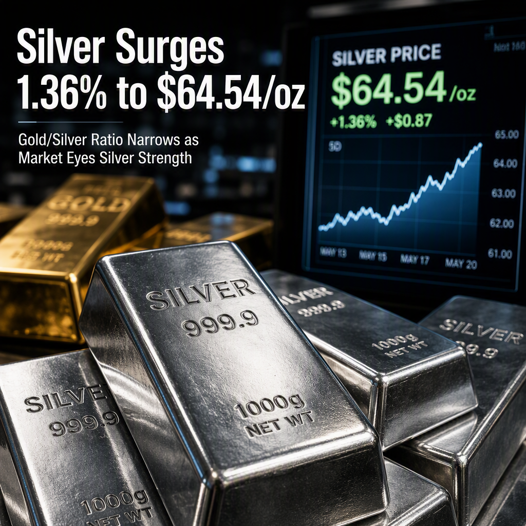 Silver Prices Climb 1.36% to $64.54 per Ounce, Gold/Silver Ratio Narrows