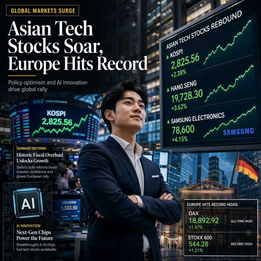 Asian Tech Stocks Rebound Sharply as European Markets Hit Record Highs on Policy Optimism