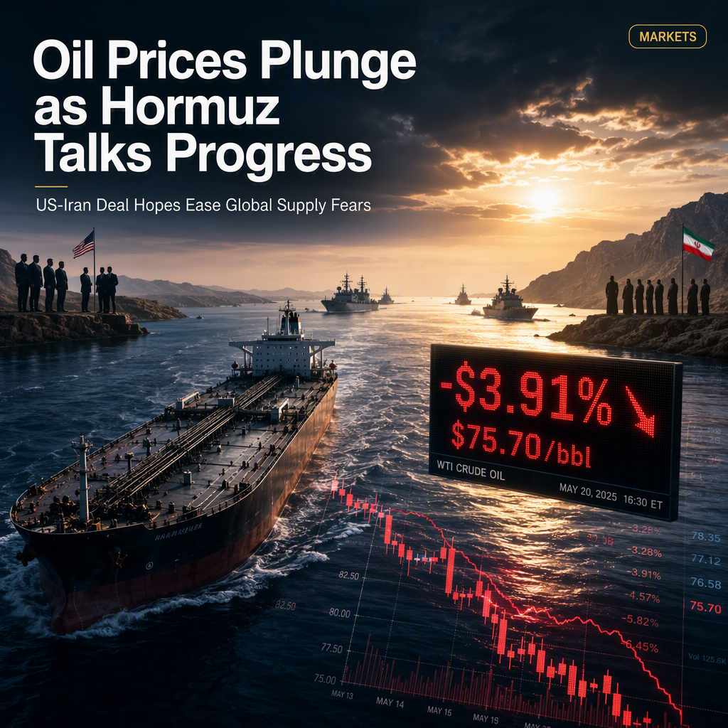 WTI Oil Plunges Nearly 4% as US-Iran Deal Hopes Rise, Strait of Hormuz Reopening Eyed