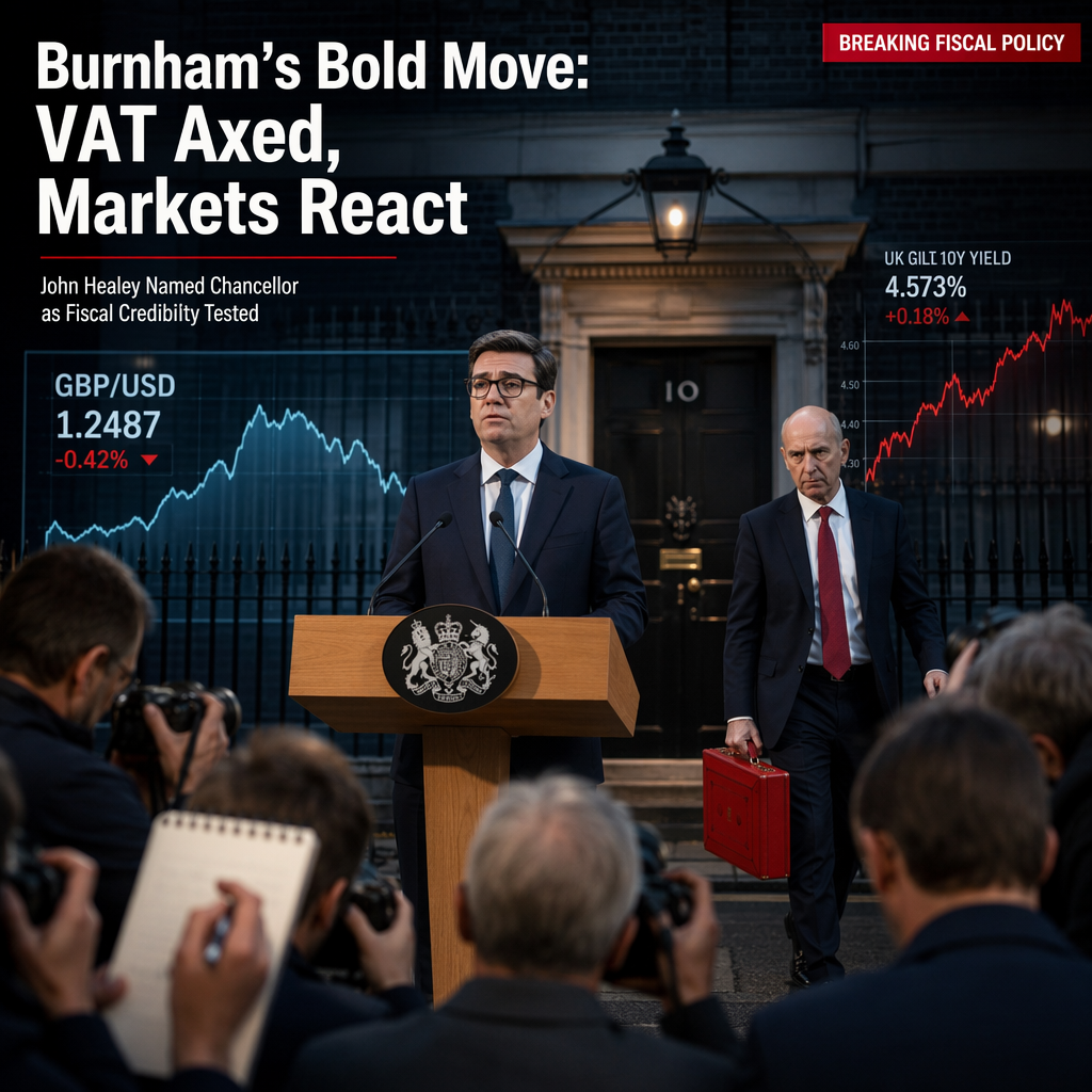 UK Prime Minister Andy Burnham Scraps VAT on Electricity Bills, Names John Healey Chancellor Amid Market Scrutiny