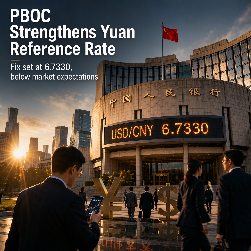 PBOC Sets Stronger USD/CNY Reference Rate at 6.7330, Below Reuters Estimate