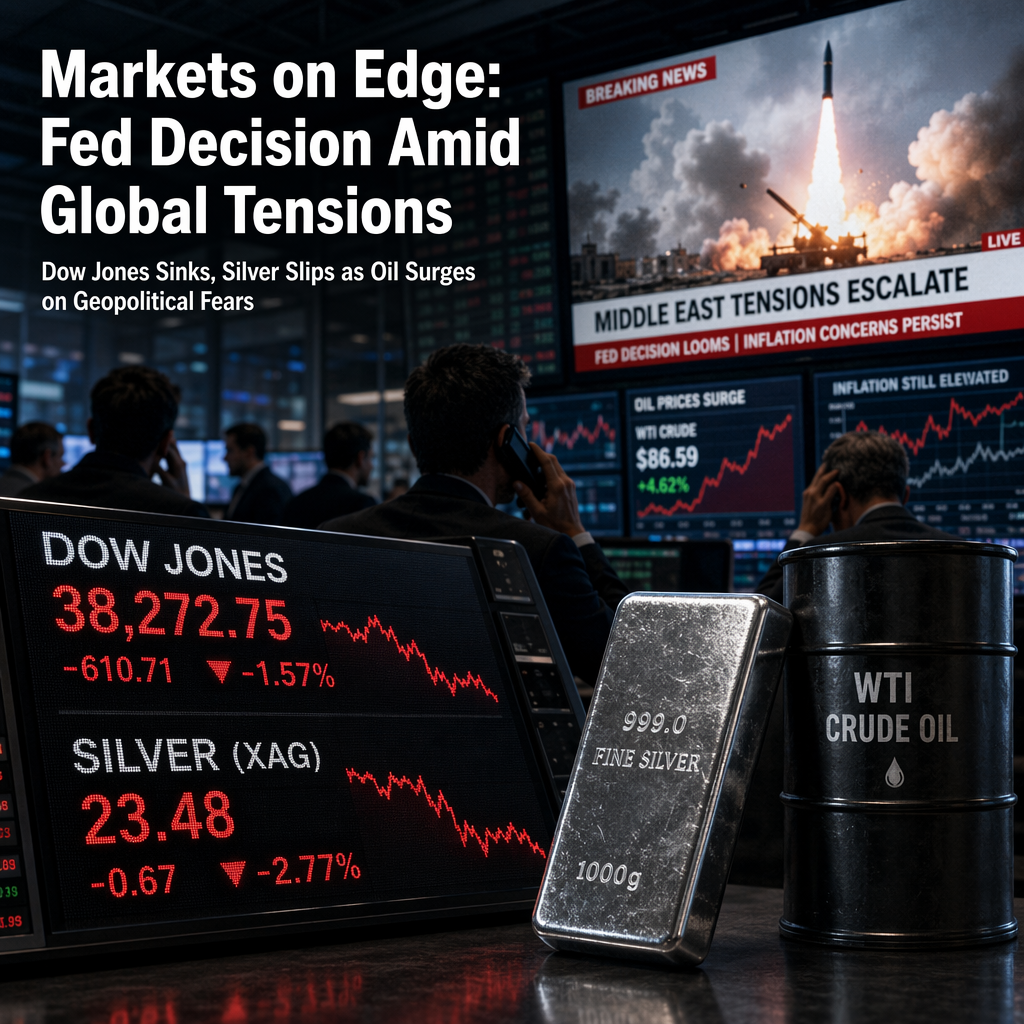 Fed Decision Looms as Dow Jones Drops and Silver Slips Amid Geopolitical Tensions
