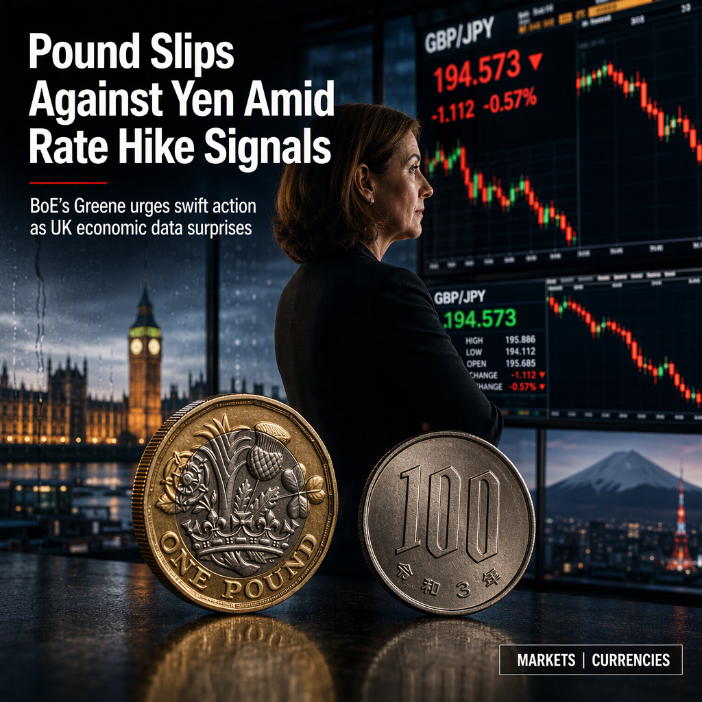 British Pound Trades Lower Against Yen as BoE Policymaker Greene Backs Swift Rate Hikes
