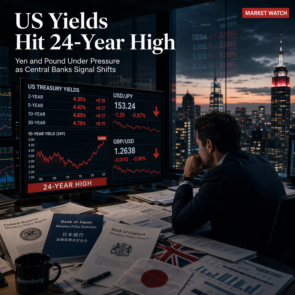 US Treasury Yields Surge to 24-Year High, Pressuring Yen and Pound as Central Banks Signal Policy Shifts