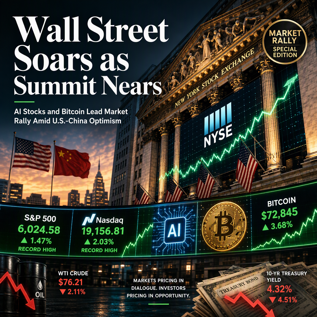 Wall Street Surges as U.S.-China Summit Approaches, AI and Bitcoin Lead Market Rally