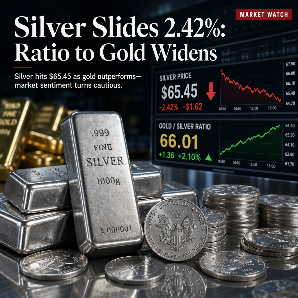 Silver Prices Drop 2.42% to $65.45, Gold/Silver Ratio Rises