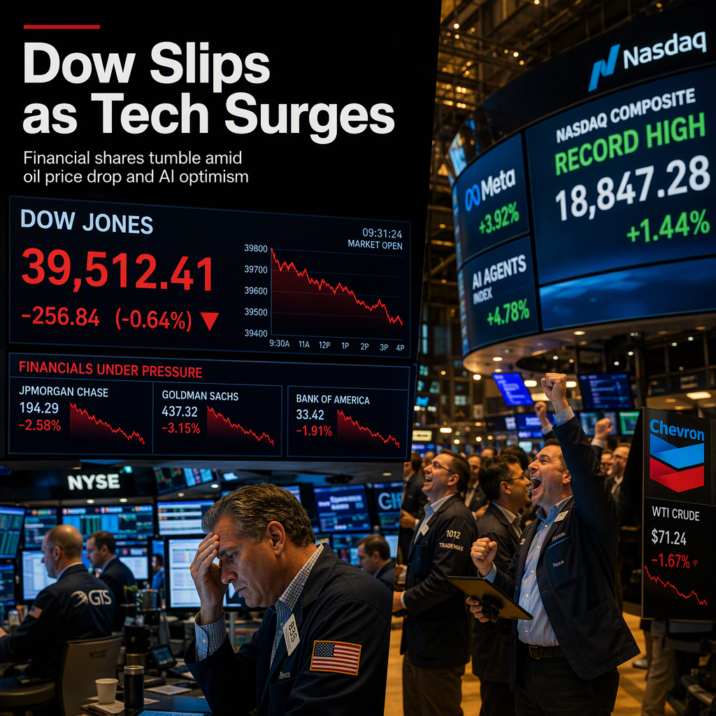 Dow Jones Slips from Weekly High as Financial Shares Fall and Tech Stocks Surge