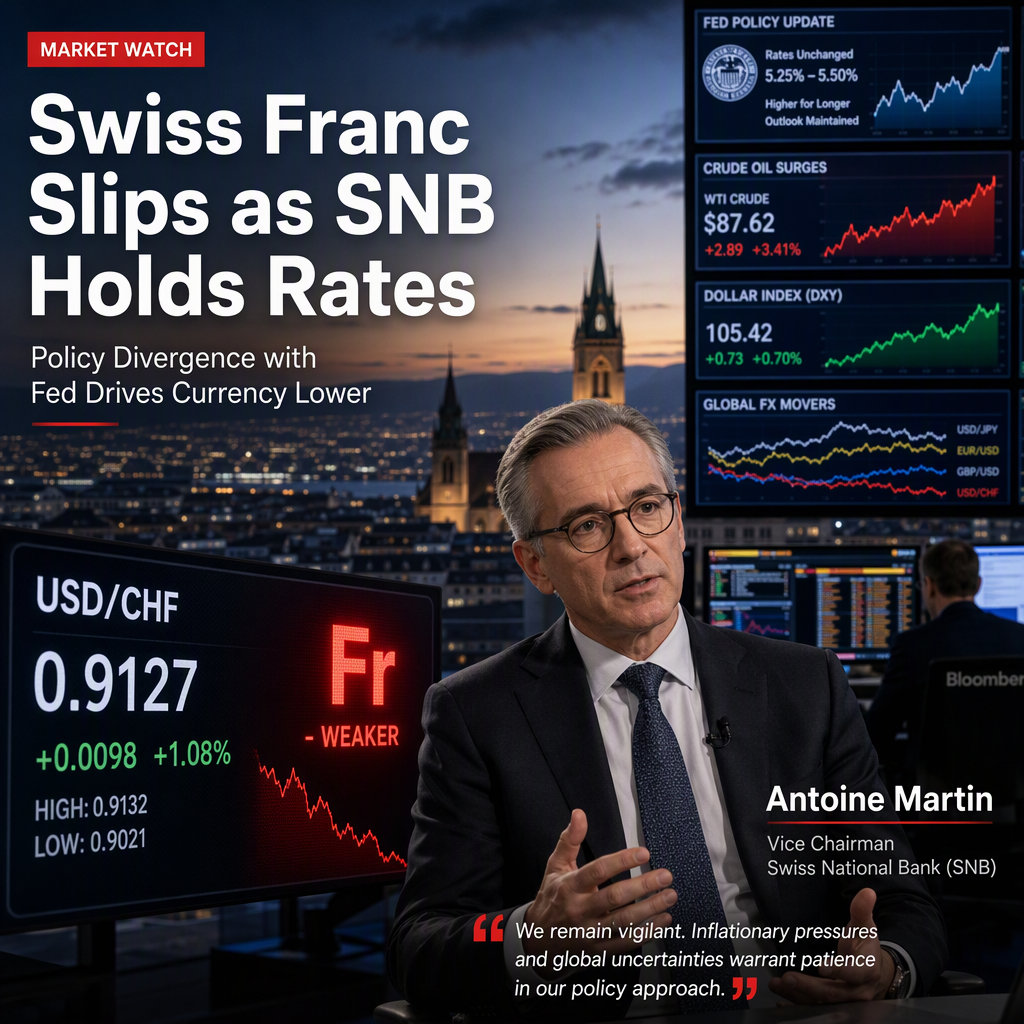 Swiss Franc Weakens as SNB Signals Lower-for-Longer Rates Amid Policy Divergence with Fed