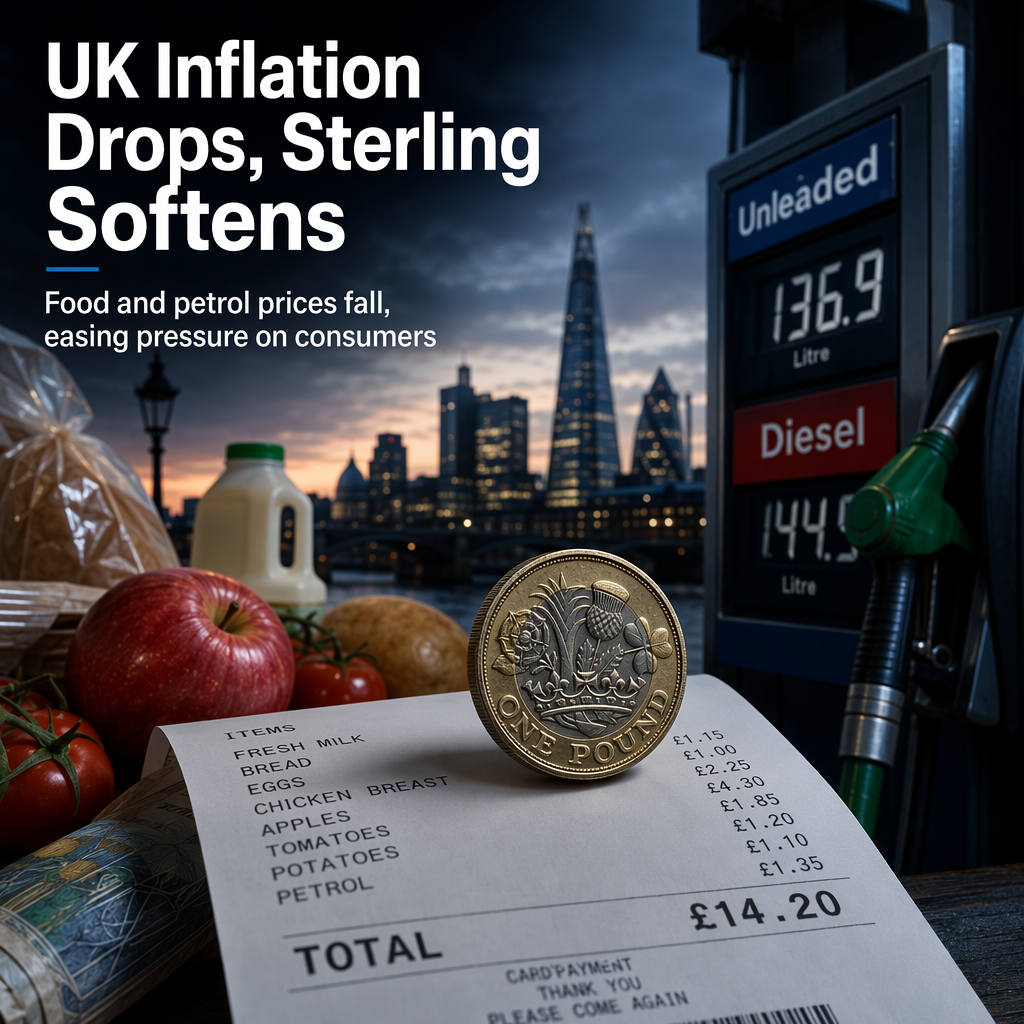 UK Inflation Eases, Pressuring Sterling as Food and Petrol Prices Fall