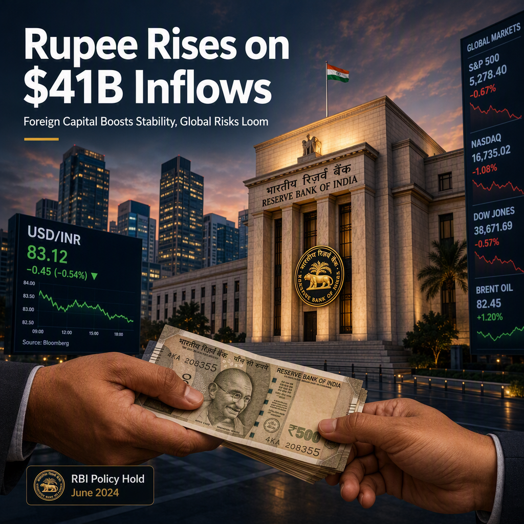 Indian Rupee Strengthens on $41 Billion Foreign Inflows and RBI Hold, but Upside Capped by Global Risks