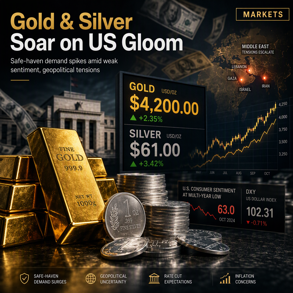 Gold and Silver Surge as Weak US Sentiment and Technical Patterns Drive Precious Metals Higher