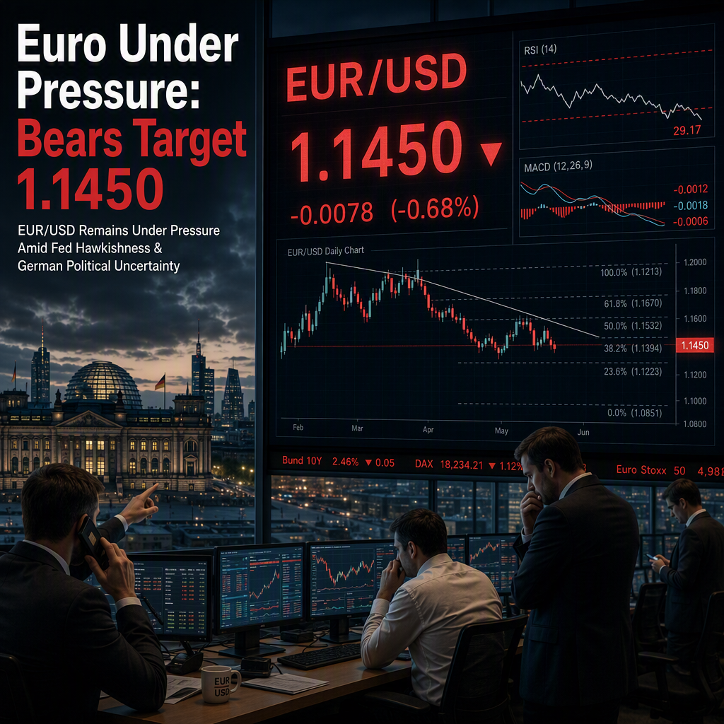 EUR/USD Remains Under Pressure as Bears Eye 1.1450 Support Amid Fed Hawkishness and German Political Uncertainty