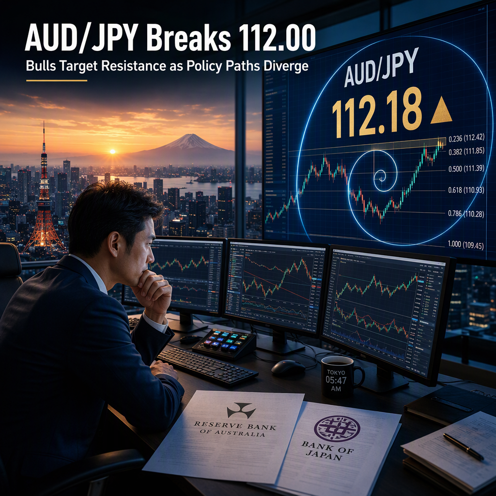 AUD/JPY Rises Above 112.00 as Bulls Eye Key Fibonacci Resistance Amid Diverging Central Bank Signals