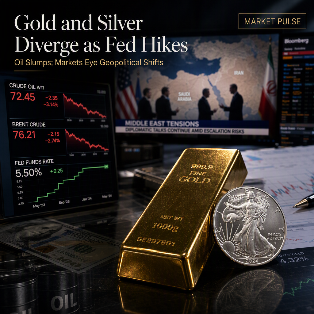 Gold and Silver React to Fed Rate Hike Amid Oil Price Decline and Geopolitical Developments