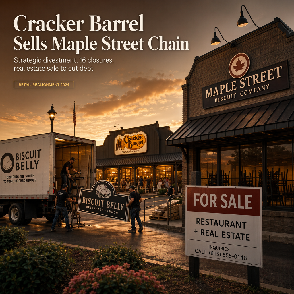 Cracker Barrel Divests Maple Street Biscuit Company, Closes 16 Locations and Sells Real Estate to Cut Debt