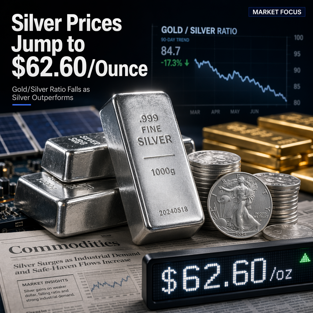 Silver Prices Surge 2.72% to $62.60 per Ounce, Gold/Silver Ratio Falls