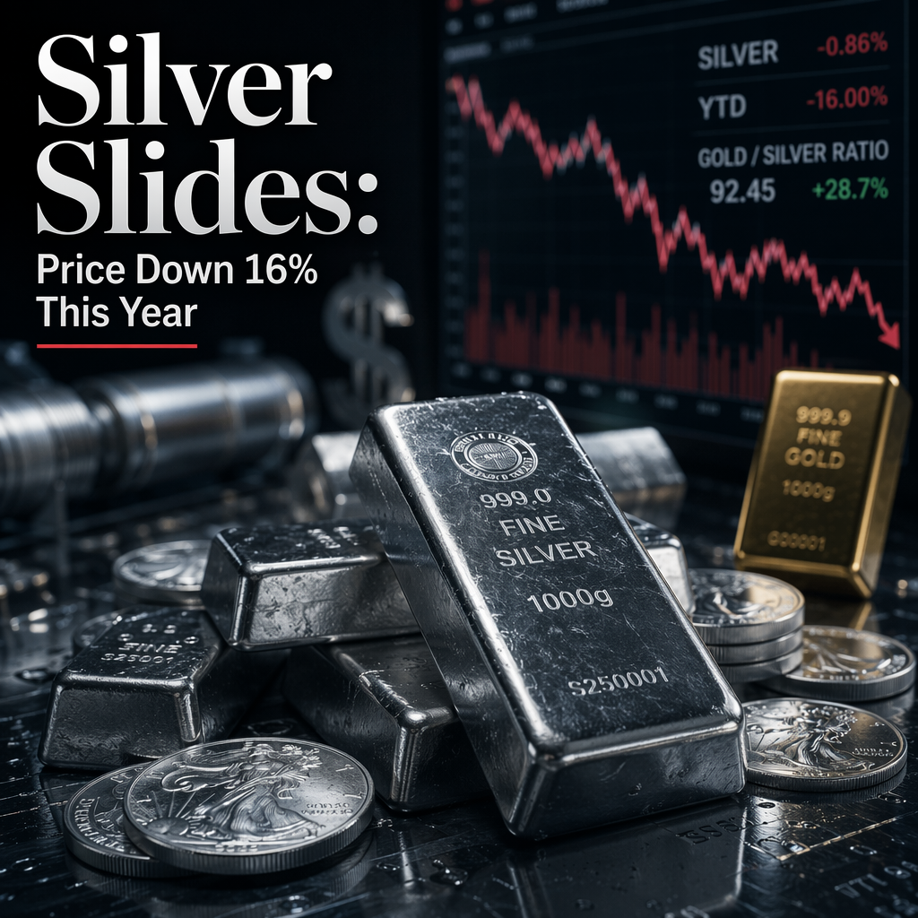 Silver Price Drops 0.86% to $59.47 per Ounce, Down Over 16% Year-to-Date