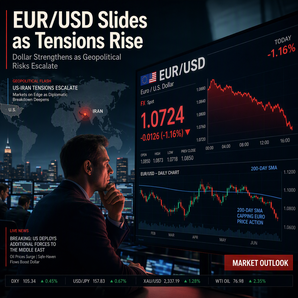 EUR/USD Slides as Geopolitical Tensions Boost US Dollar, 200-Day SMA Caps Euro