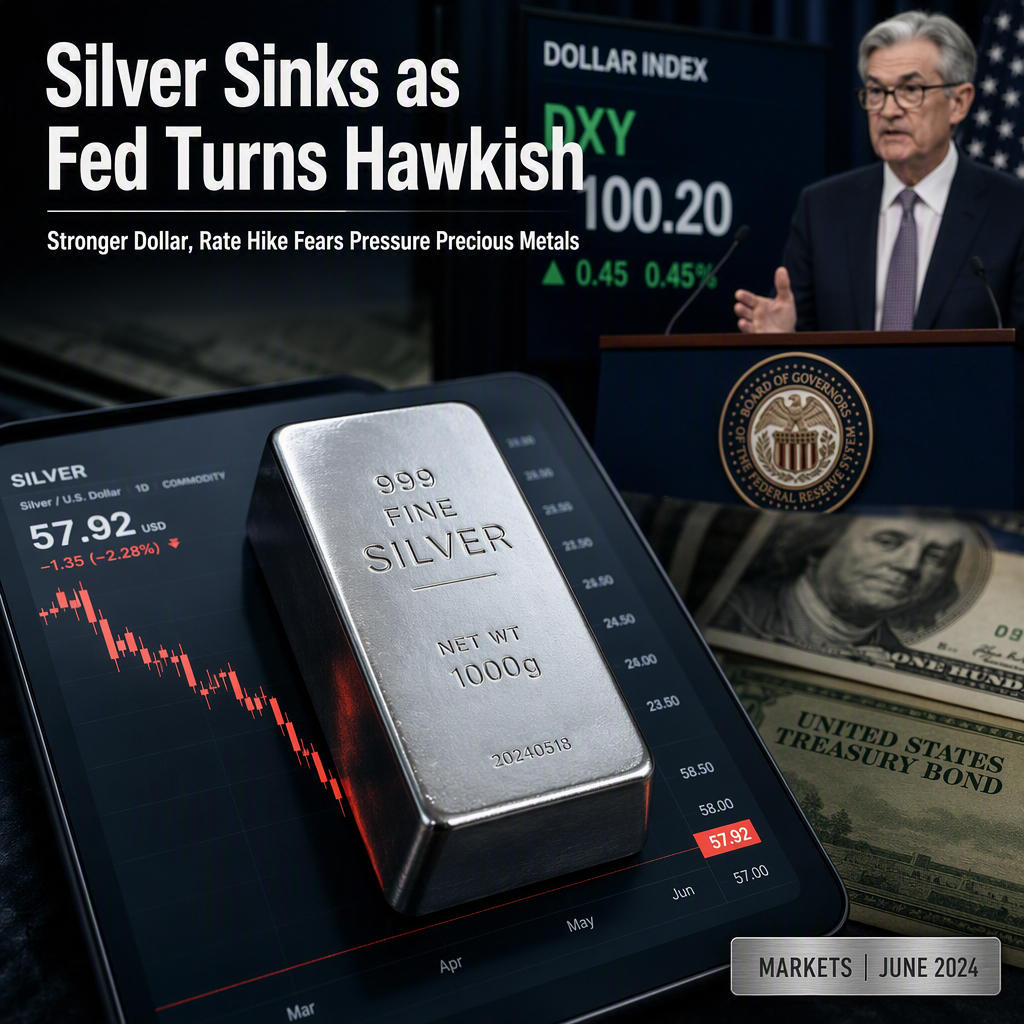 Silver Price Drops to Near $58 as Hawkish Fed Signals Weigh on Precious Metals