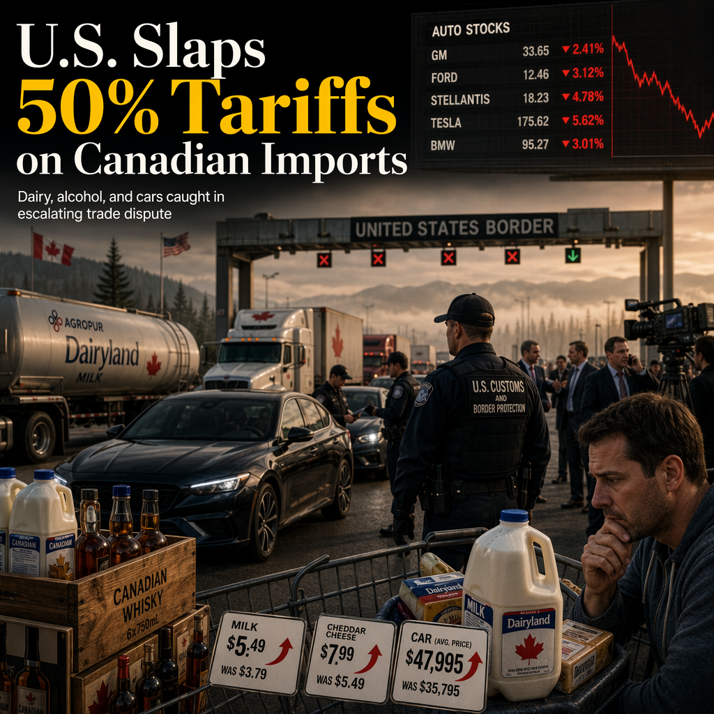 Trump Administration Imposes 50% Tariffs on Canadian Dairy, Alcohol, and Cars, Escalating Trade Tensions