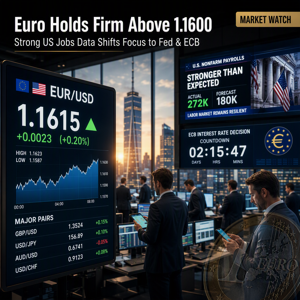 Euro Holds Above 1.1600 as Strong US Jobs Data Fuels Fed Rate Hike Bets Ahead of ECB Decision