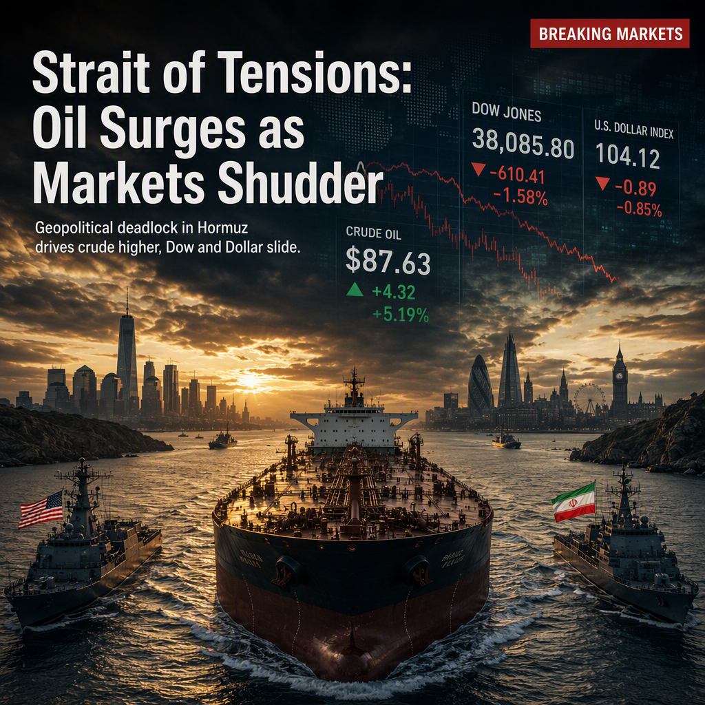 Geopolitical Tensions in the Strait of Hormuz Drive Oil Prices Higher as US Dollar and Dow Jones Falter