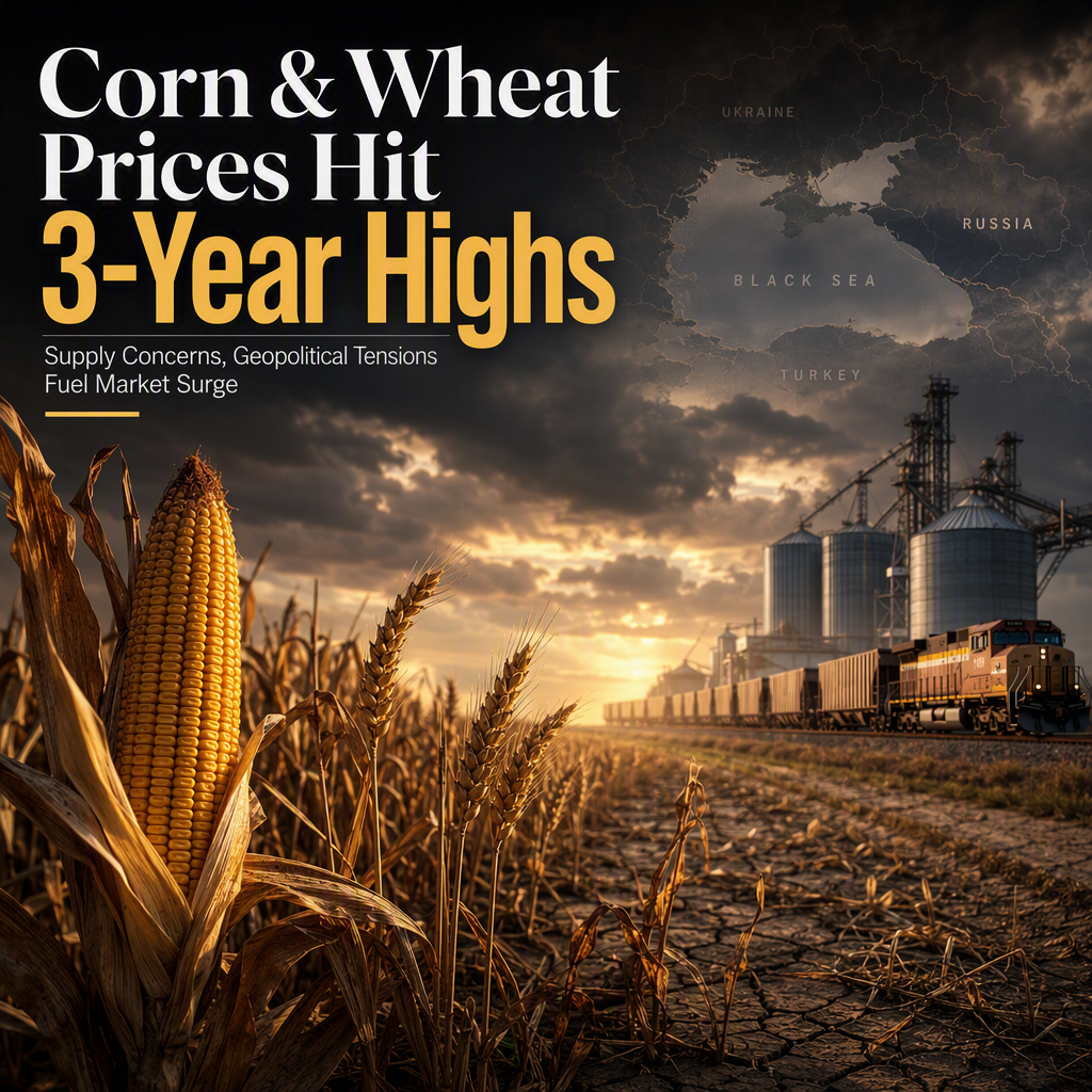 Corn and Wheat Prices Surge to Three-Year Highs Amid Supply Concerns and Geopolitical Tensions