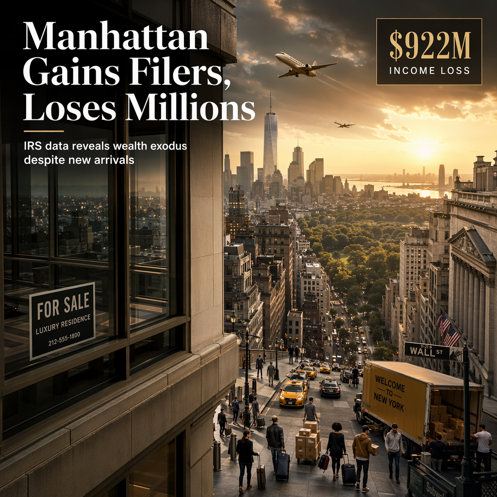 IRS Data Shows Manhattan Leads in New Tax Filers but Suffers $922 Million Income Loss as Wealthy Residents Exit