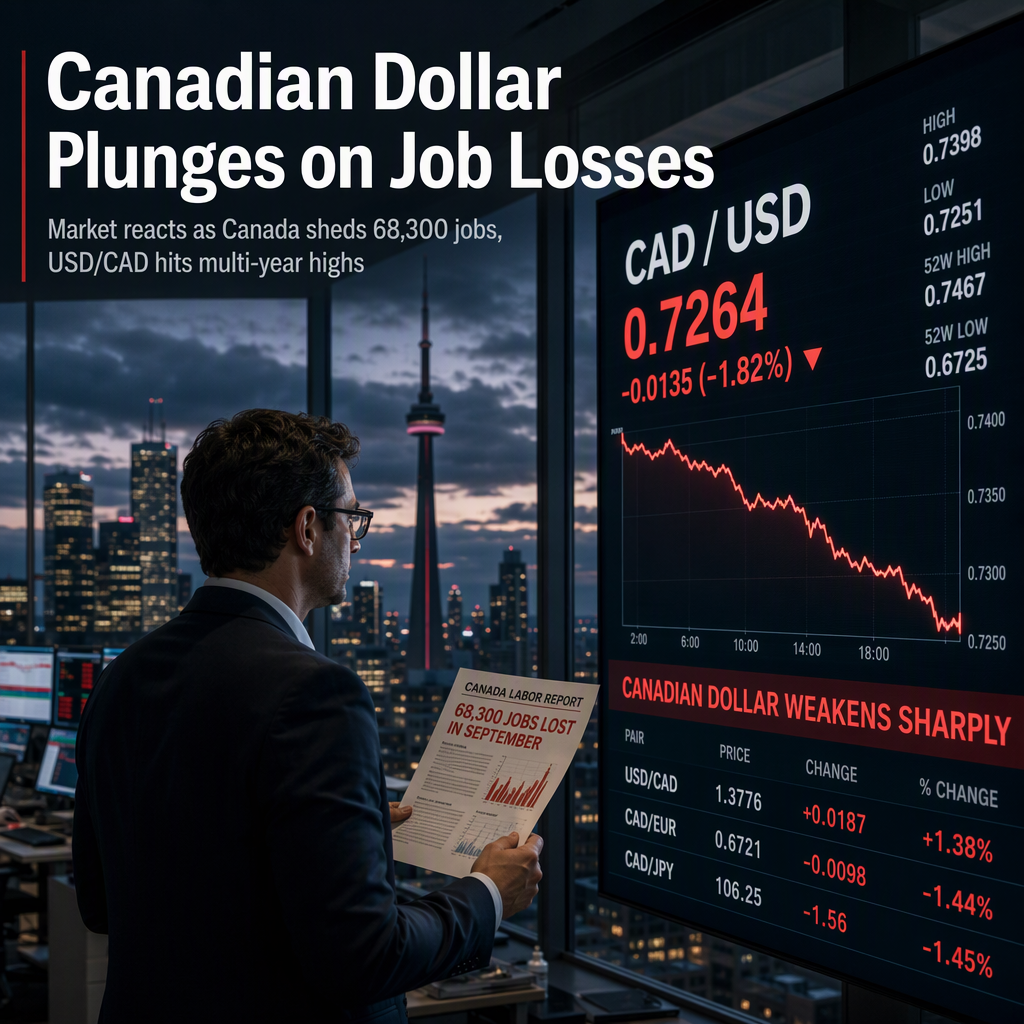 Canadian Dollar Weakens Sharply as Canada Sheds 68,300 Jobs in September