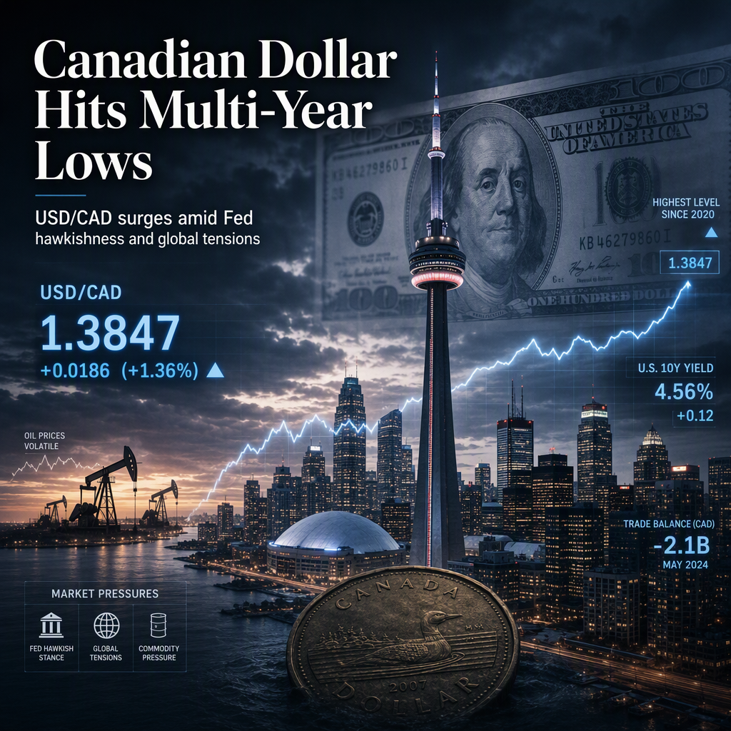 Canadian Dollar Nears Multi-Year Lows as USD/CAD Surges on Hawkish Fed and Geopolitical Tensions