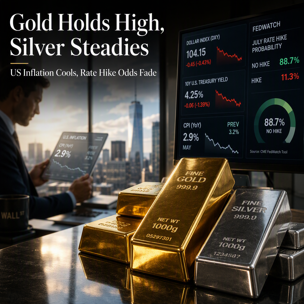 Gold Holds Near Two-Month Highs and Silver Stabilizes as US Inflation Cools, Fed Rate Hike Odds Drop