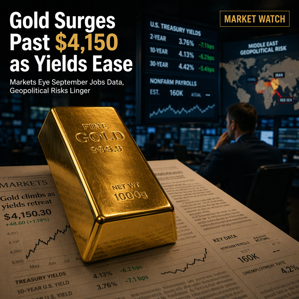 Gold Rebounds Above $4,150 as US Yields Retreat Ahead of September Jobs Data